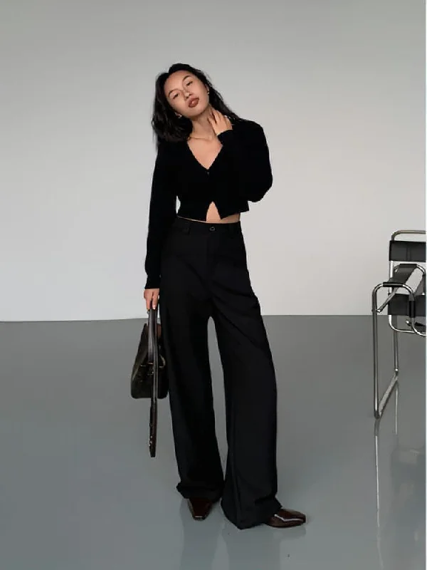 Black High-Waist Straight-Leg Suit Trousers