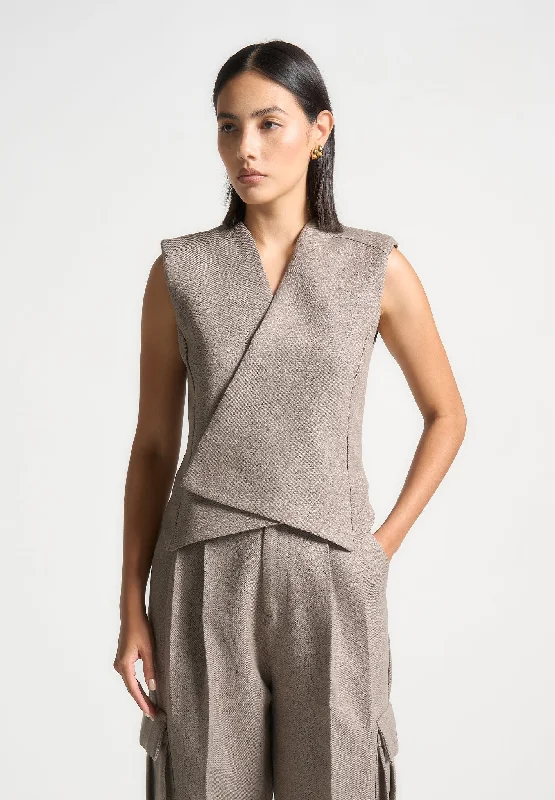 Textured Tailored Wrap Waistcoat - Taupe