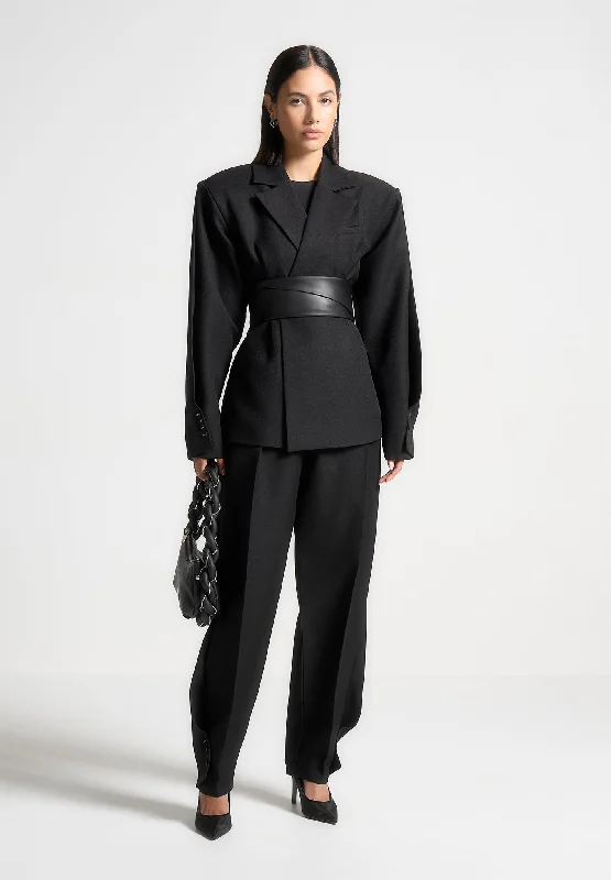 Twist Sleeve Tailored Blazer with Belt - Black