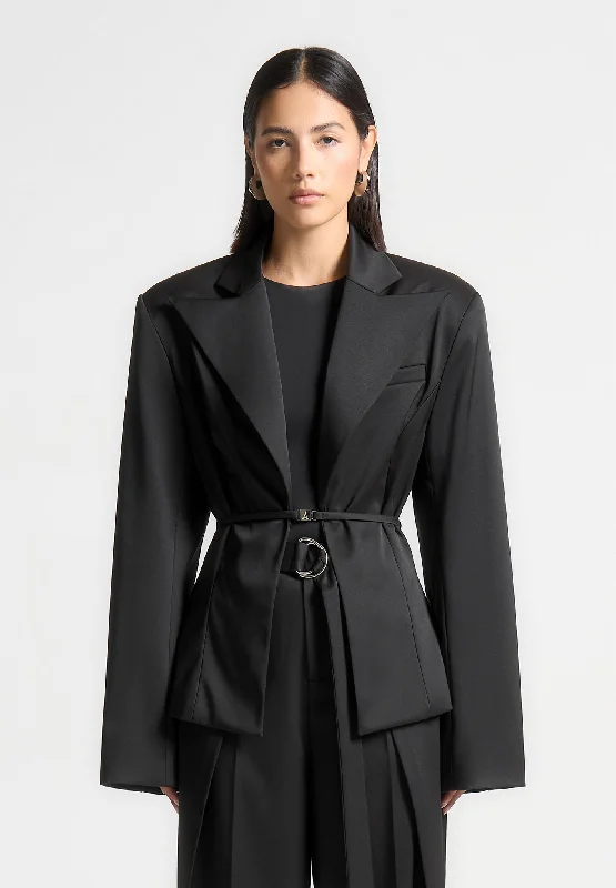 Wide Shoulder Sateen Blazer with Twin Belt - Black