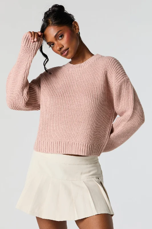 Solid Ribbed Knit Crewneck Skimmer Sweater