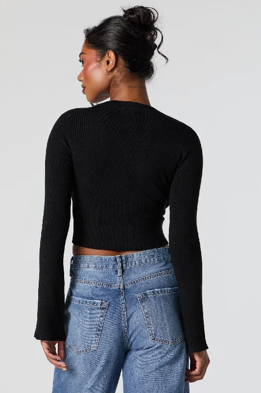 Ribbed Knit V-Neck Bell Sleeve Cropped Sweater