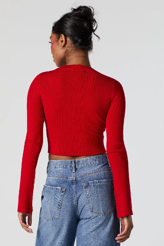 Ribbed Knit V-Neck Bell Sleeve Cropped Sweater