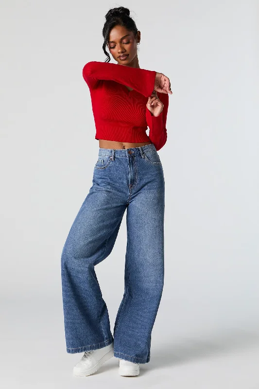 Ribbed Knit V-Neck Bell Sleeve Cropped Sweater