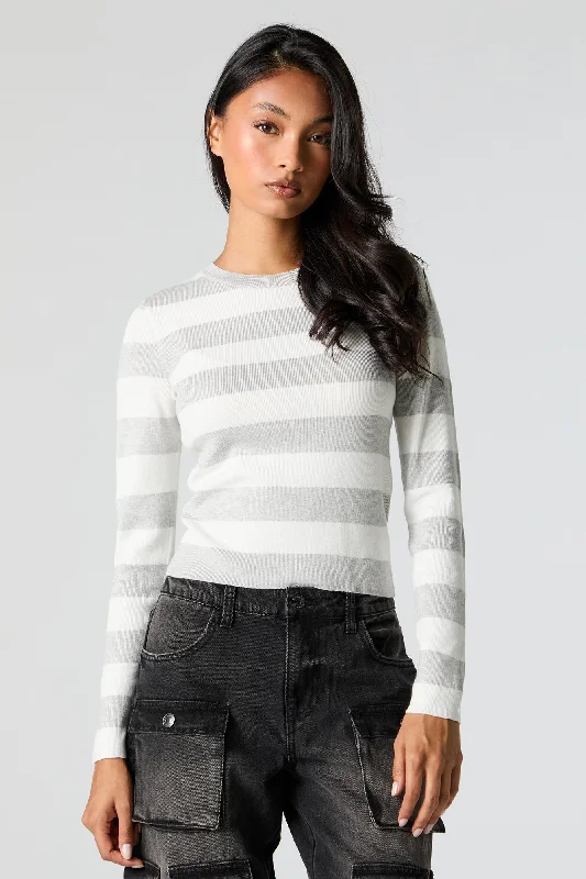 Striped Ribbed Knit Crewneck Sweater