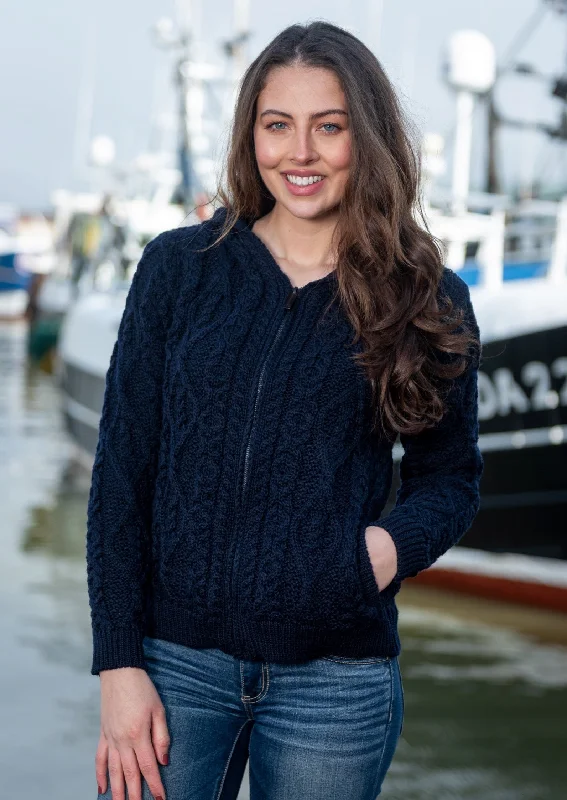 IrelandsEye Women's Aran Hooded Cardigan | Navy