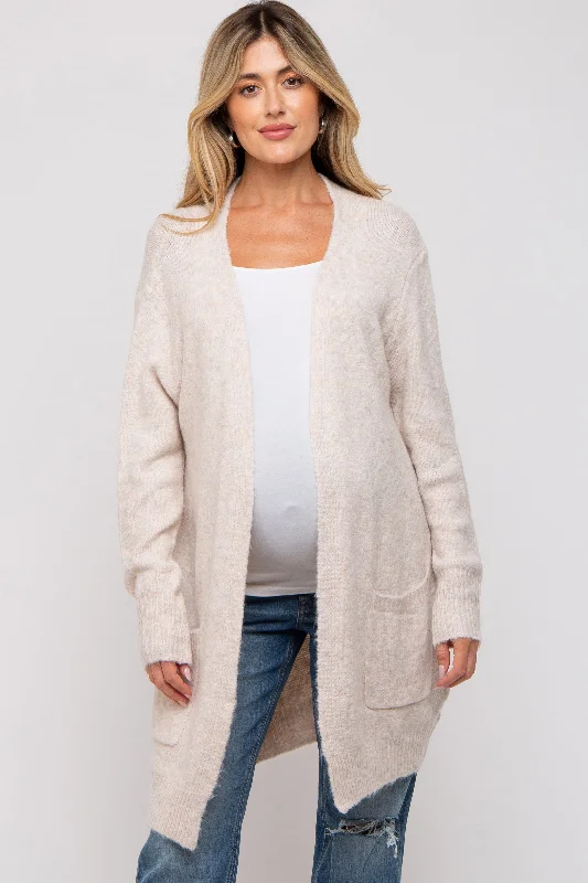 Beige Basic Knit Maternity Cardigan