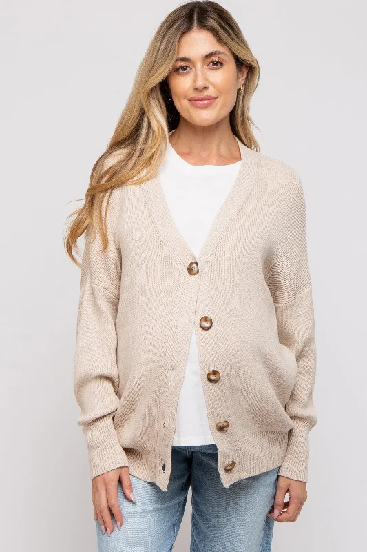 Beige Basic Ribbed Maternity Cardigan Sweater