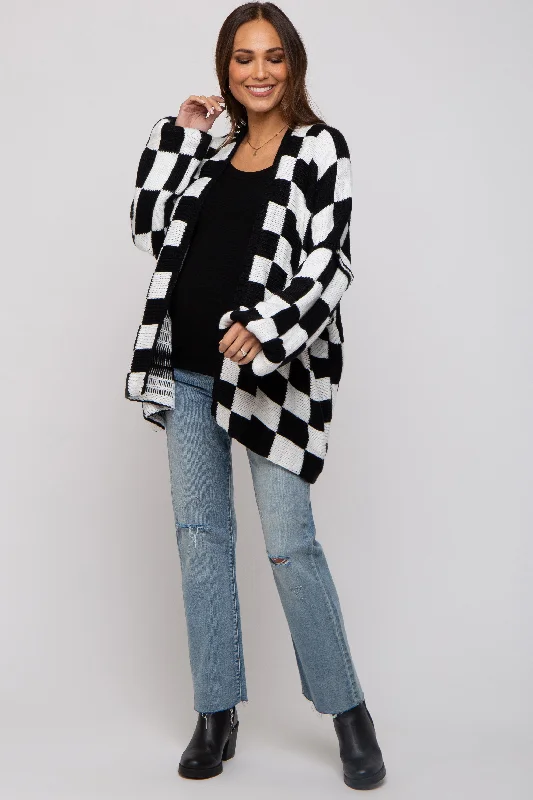 Black Checkered Print Oversized Maternity Cardigan