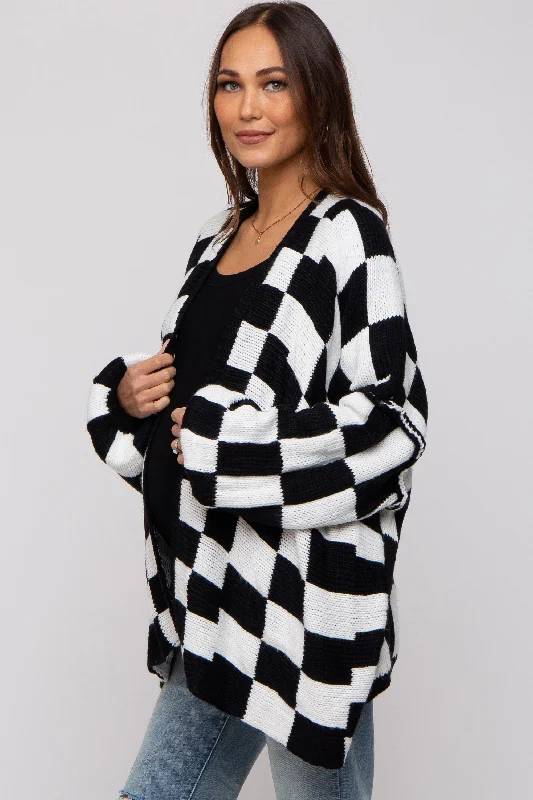 Black Checkered Print Oversized Maternity Cardigan