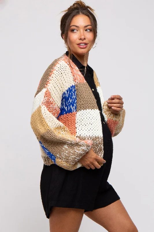 Brown Color Block Checkered Thick Knit Maternity Cardigan