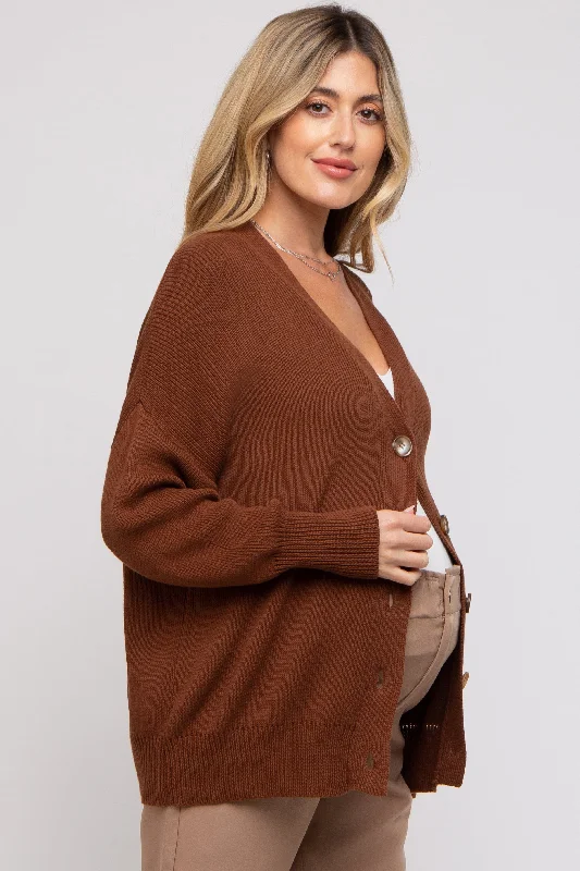 Dark Rust Basic Ribbed Maternity Cardigan Sweater