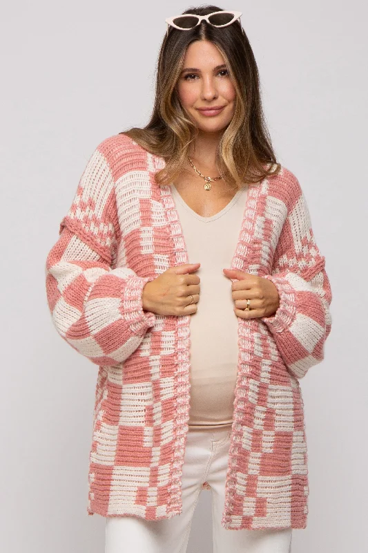 Mauve Checkered Oversized Chunky Knit Maternity Cardigan