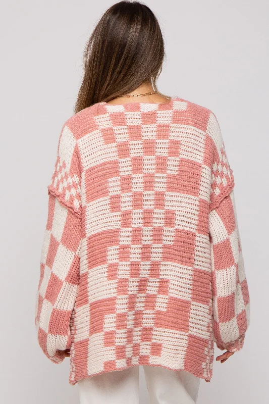 Mauve Checkered Oversized Chunky Knit Maternity Cardigan