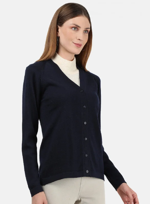 Women Navy Blue Solid Cardigan