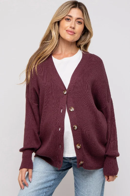 Plum Basic Ribbed Maternity Cardigan Sweater