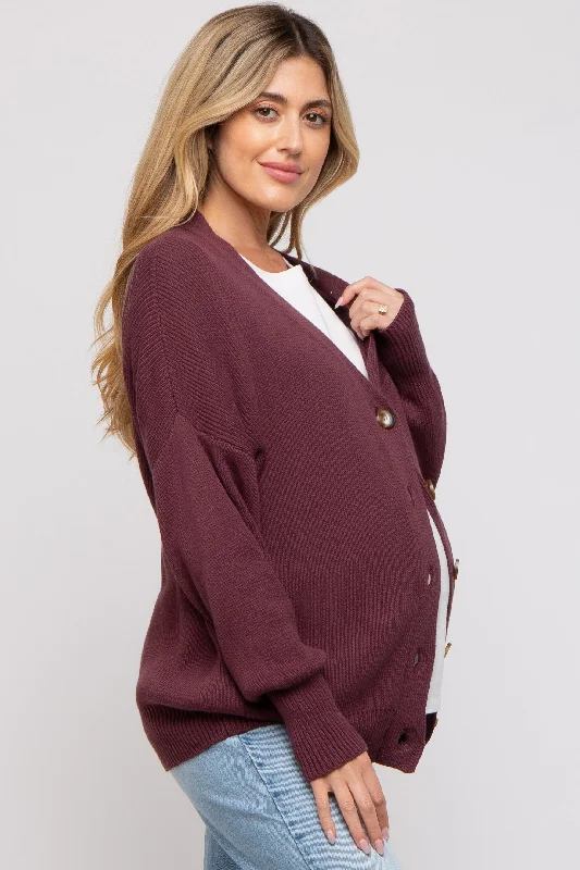 Plum Basic Ribbed Maternity Cardigan Sweater