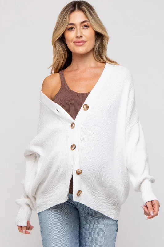 White Basic Ribbed Maternity Cardigan Sweater