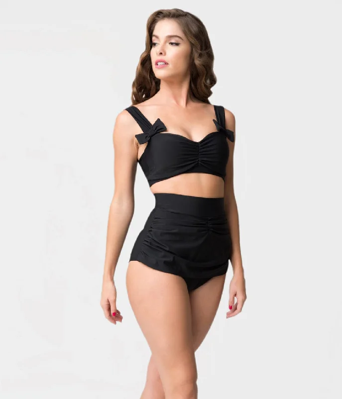 1950s Vintage Style Black Bows Swim Top