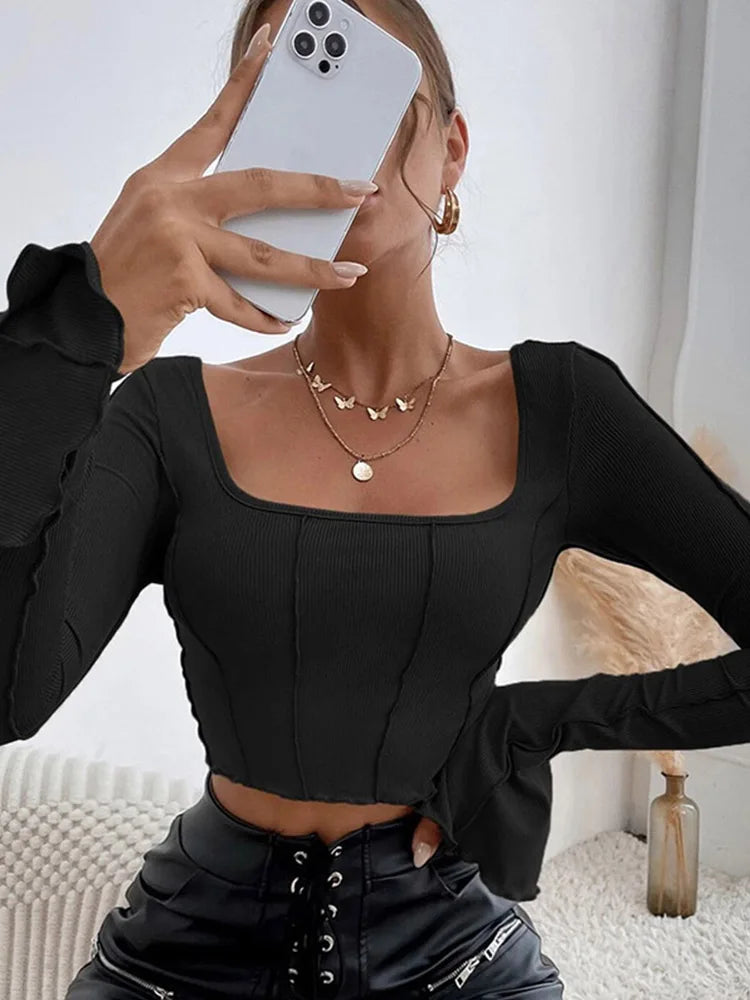 AMY - Long Sleeve Black Backless Sexy Y2K Knitted Crop Top