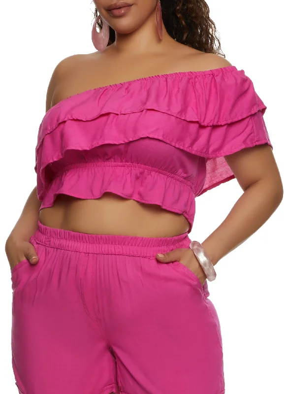 Plus Size Tiered Ruffled One Shoulder Crop Top