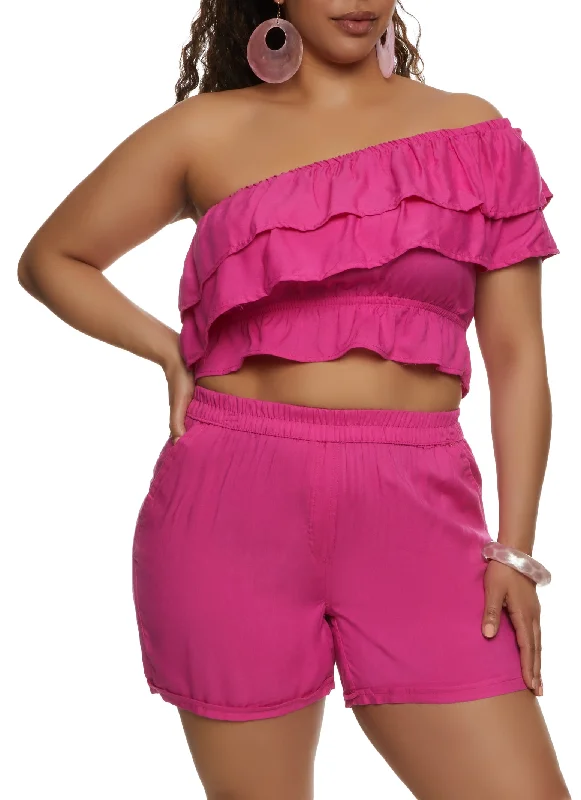 Plus Size Tiered Ruffled One Shoulder Crop Top