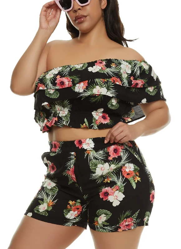 Plus Size Tropical Floral Print One Shoulder Top