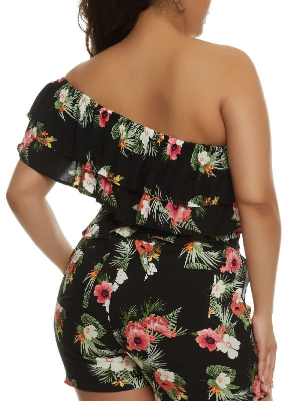 Plus Size Tropical Floral Print One Shoulder Top