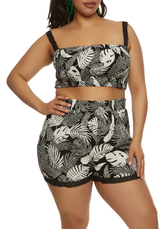 Plus Size Tropical Print Smocked Crop Top