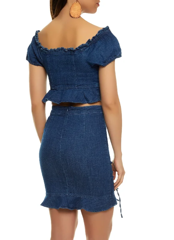 Denim Tie Front Flounce Hem Crop Top