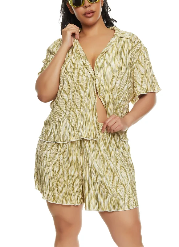 Plus Size Almost Famous Printed Plisse Button Front Shirt