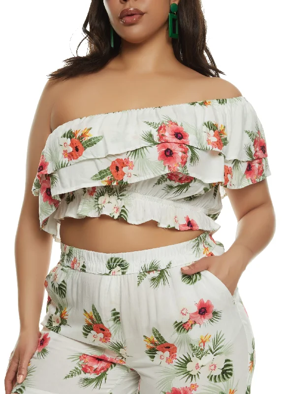 Plus Size Tropical Floral Print One Shoulder Top