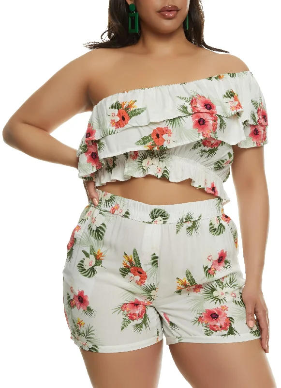 Plus Size Tropical Floral Print One Shoulder Top