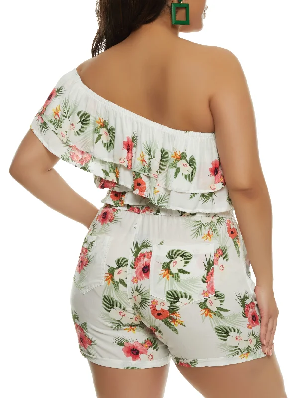 Plus Size Tropical Floral Print One Shoulder Top