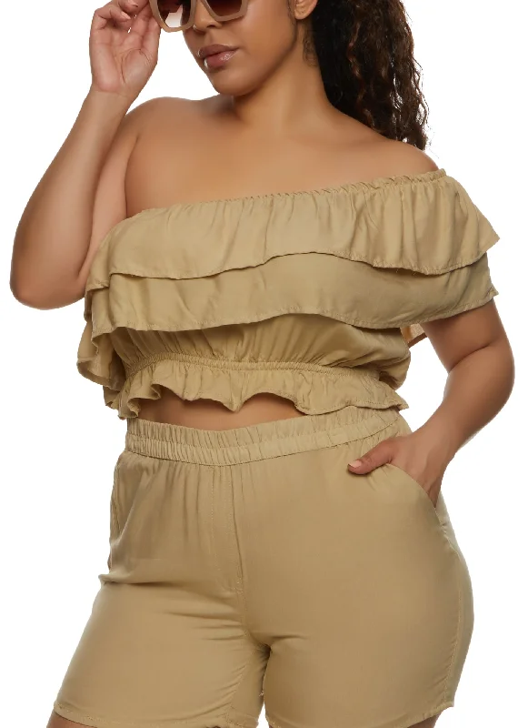 Plus Size Tiered Ruffled One Shoulder Crop Top