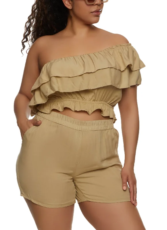 Plus Size Tiered Ruffled One Shoulder Crop Top