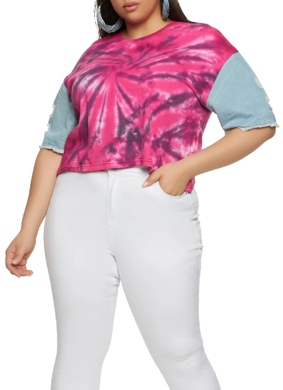 Plus Size Denim Sleeve Tie Dye Slashed T Shirt