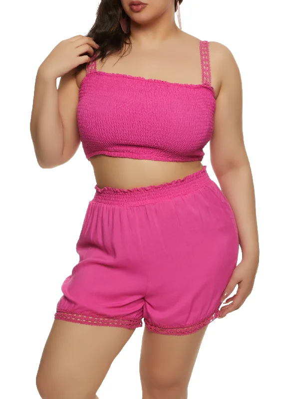 Plus Size Eyelet Trim Smocked Tank Top