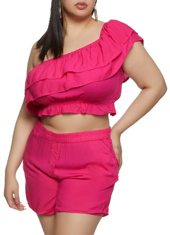 Plus Size Tiered Ruffled One Shoulder Crop Top