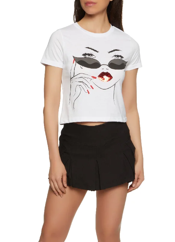 Sequin Lips Cropped Graphic Tee