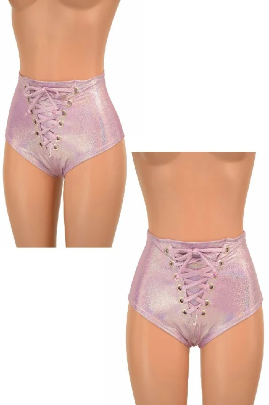 Lilac Holo Front Lace Up Siren Shorts