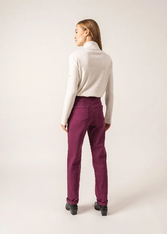 Patricia straight pants - elasticated waist, in stretch cotton (PRUNE)