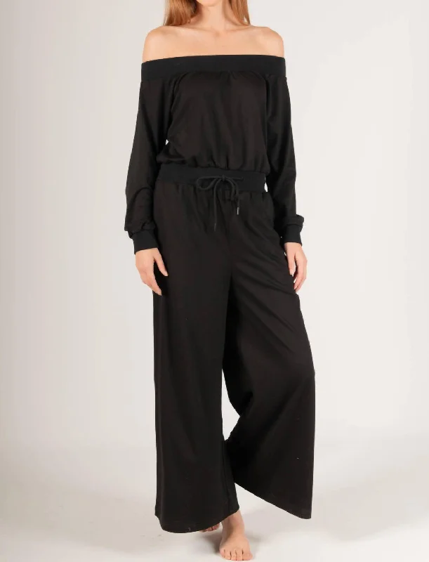 French Terry Off Shoulder Jumpsuit In Black