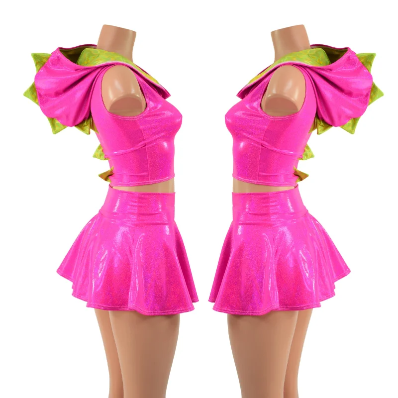 Neon Pink and Lime Dragon Crop Hoodie & Skirt Set