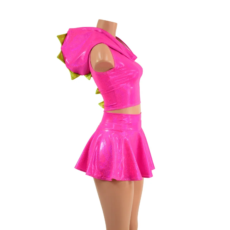 Neon Pink and Lime Dragon Crop Hoodie & Skirt Set