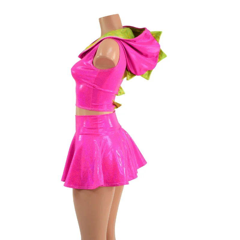 Neon Pink and Lime Dragon Crop Hoodie & Skirt Set