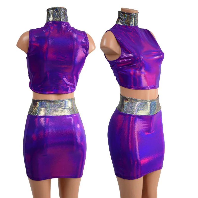 Purple Crop Top & Bodycon Skirt Set with Silver Holo Trim