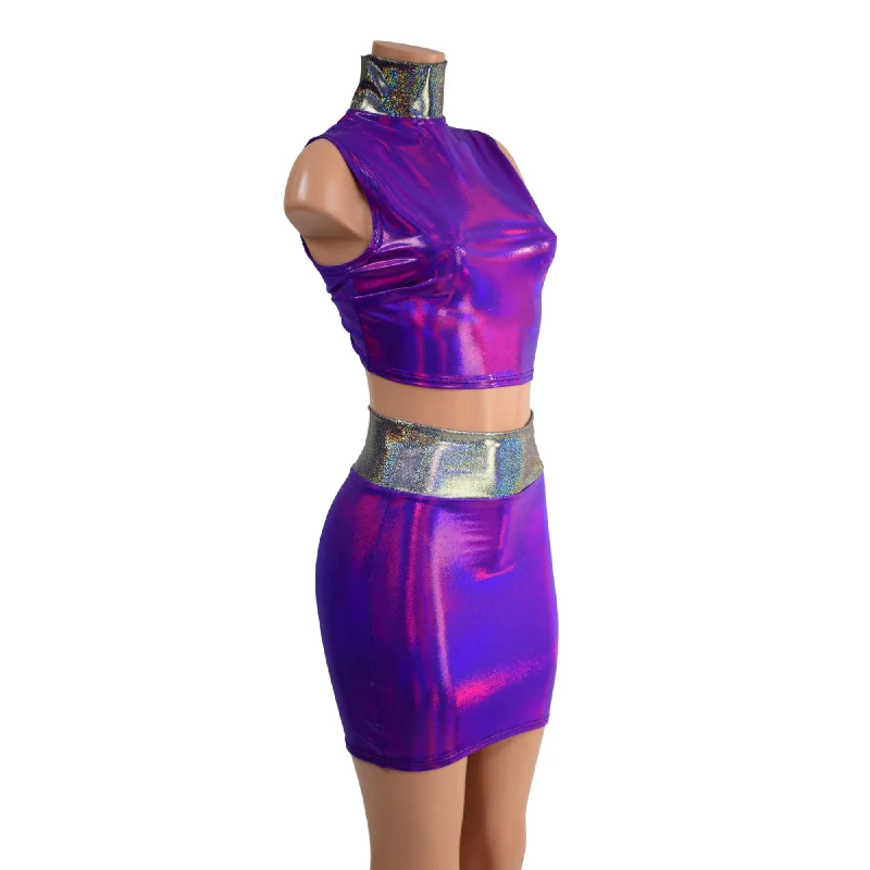 Purple Crop Top & Bodycon Skirt Set with Silver Holo Trim