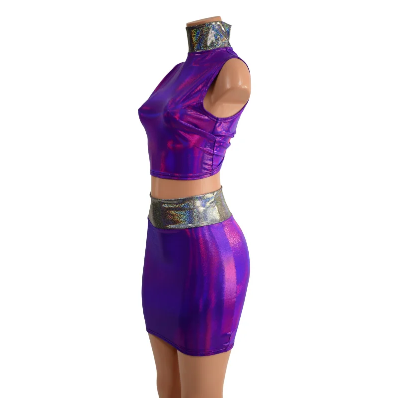 Purple Crop Top & Bodycon Skirt Set with Silver Holo Trim