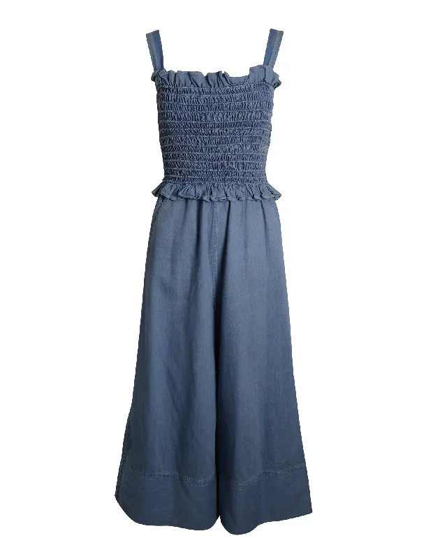 Sea New York Ruched Sleeveless Jumpsuit in Blue Cotton Denim